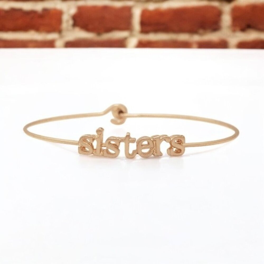 Rose Gold Sisters Inspirational Message Stencil Wire Hook Clasp Bangle Bracelet